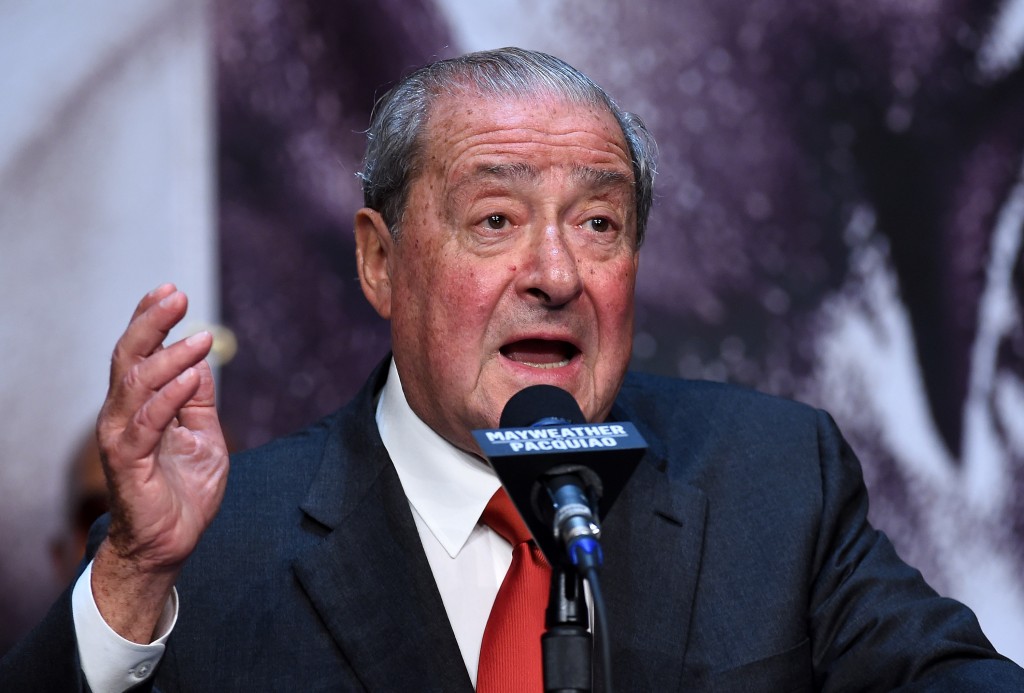 LAS VEGAS, NV - APRIL 29: Top Rank Founder and CEO Bob Arum speaks during a news conference for the unification fight between WBC/WBA welterweight champion Floyd Mayweather Jr. and WBO welterweight champion Manny Pacquiao at the KA Theatre at MGM Grand Hotel & Casino on April 29, 2015 in Las Vegas, Nevada. The two boxers will face each other on May 2, 2015 in Las Vegas.   Ethan Miller/Getty Images/AFP