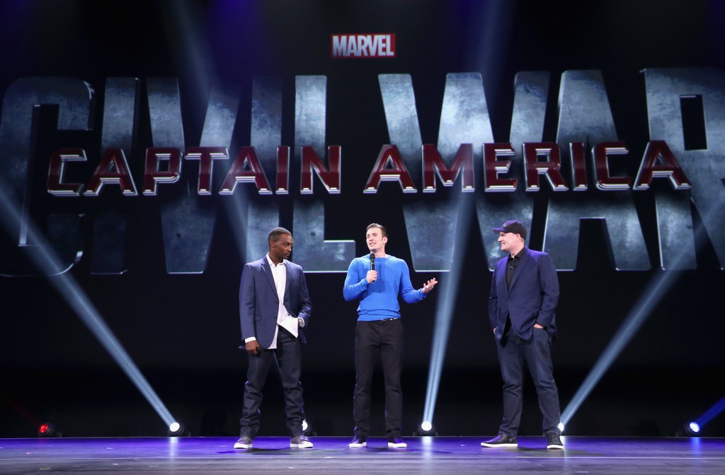 ANAHEIM, CA - AUGUST 15: (L-R) Actors Anthony Mackie, Chris Evans and Producer Kevin Feige of CAPTAIN AMERICA: CIVIL WAR took part today in "Worlds, Galaxies, and Universes: Live Action at The Walt Disney Studios" presentation at Disney's D23 EXPO 2015 in Anaheim, Calif. Jesse Grant/Getty Images for Disney/AFP