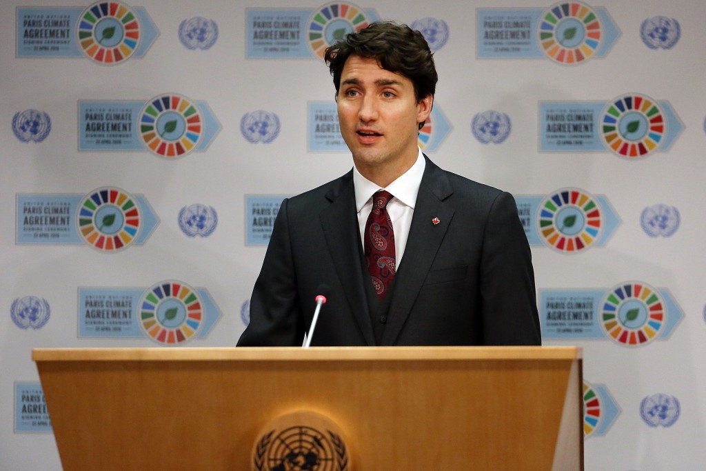 NEW YORK, NY - APRIL 22: Canadian Prime Minister Justin Trudeau speaks at a news conference while attending the United Nations Signing Ceremony for the Paris Agreement climate change accord on April 22, 2016 in New York City. At least 155 countries are expected to sign the agreement which has the goal of limiting warming to "well below" 2 degrees Celsius above preindustrial levels. The ceremony symbolically takes place on Earth Day. Spencer Platt/Getty Images/AFP