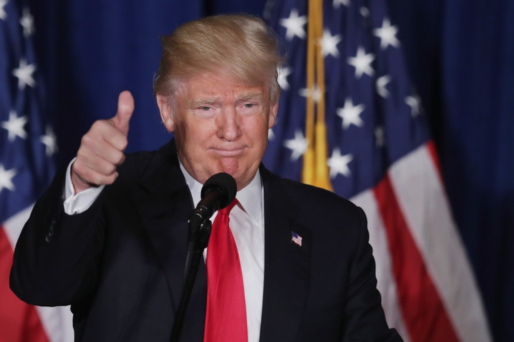 WASHINGTON, DC - APRIL 27: Republican presidential candidate Donald Trump delivers a speech about his vision for foreign policy at the Mayflower Hotel April 27, 2016 in Washington, DC. A real estate billionaire and reality television star, Trump beat his GOP challengers by double digits in Tuesday's presidential primaries in Pennsylvania, Maryland, Deleware, Rhode Island and Connecticut. "I consider myself the presumptive nominee, absolutely," Trump told supporters at the Trump Tower following yesterday's wins.   Chip Somodevilla/Getty Images/AFP