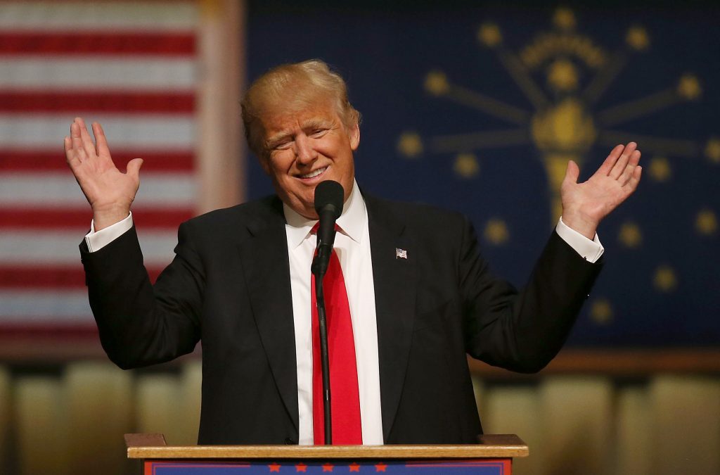 CARMEL, IN - MAY 02: Republican presidential candidate Donald Trump speaks during a campaign stop at the Palladium at the Center for the Performing Arts on May 2, 2016 in Carmel, Indiana. Trump continues to campaign leading up to the Indiana primary on May 3. Joe Raedle/Getty Images/AFP