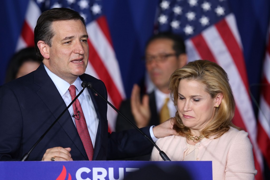 INDIANAPOLIS, IN - MAY 03: Republican presidential candidate, Sen. Ted Cruz (R-TX) announces the suspension of his campaign as wife Heidi Cruz looks on during an election night watch party at the Crowne Plaza Downtown Union Station on May 3, 2016 in Indianapolis, Indiana. Cruz lost the Indiana primary to Republican rival Donald Trump. Joe Raedle/Getty Images/AFP