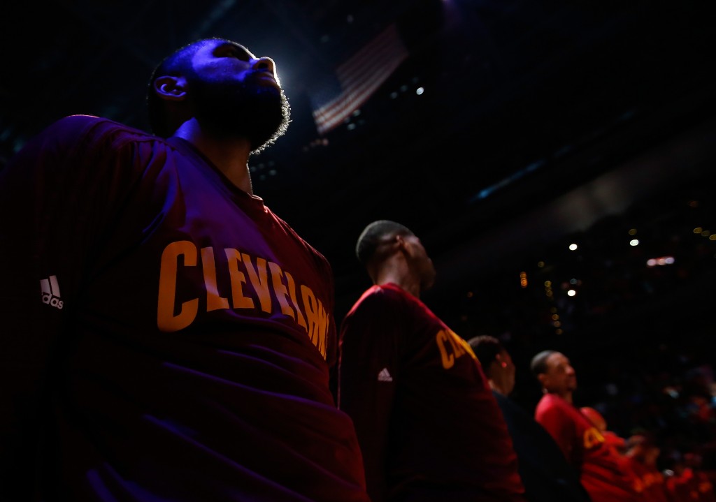 ATLANTA, GA - MAY 06: Kyrie Irving #2 of the Cleveland Cavaliers stands during the National Anthem prior to Game Three of the Eastern Conference Semifinals against the Atlanta Hawks during the 2016 NBA Playoffs at Philips Arena on May 6, 2016 in Atlanta, Georgia. NOTE TO USER User expressly acknowledges and agrees that, by downloading and or using this photograph, user is consenting to the terms and conditions of the Getty Images License Agreement. Kevin C. Cox/Getty Images/AFP