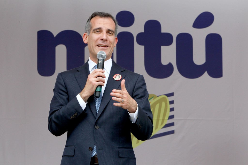 LOS ANGELES, CA - MAY 07: Mayor of Los Angeles Eric Garcetti speaks onstage during the mitu T.A.C.O. Challenge on May 7, 2016 in Los Angeles, California.   Rachel Murray/Getty Images for mitu/AFP