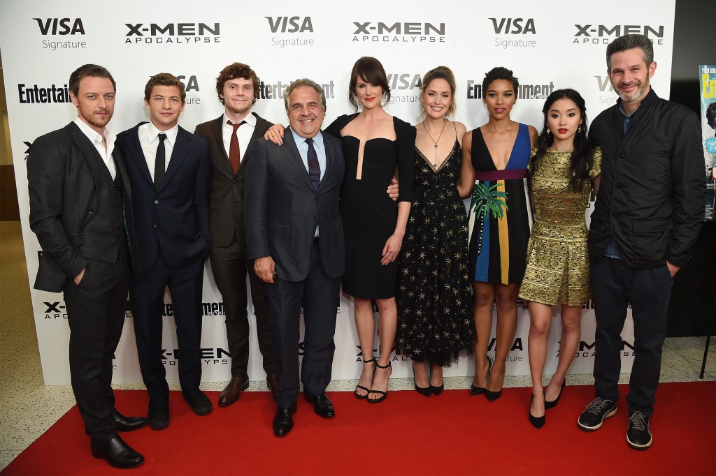 NEW YORK, NY - MAY 24: (L-R) James McAvoy, Tye Sheridan, Evan Peters, Carolina Bartczak, Jim Gianopulos, Rose Byrne, Alexandra Shipp, Lana Condor, and Simon Kinberg attend the "X-Men Apocalypse" New York screening at Entertainment Weekly on May 24, 2016 in New York City. Jamie McCarthy/Getty Images/AFP