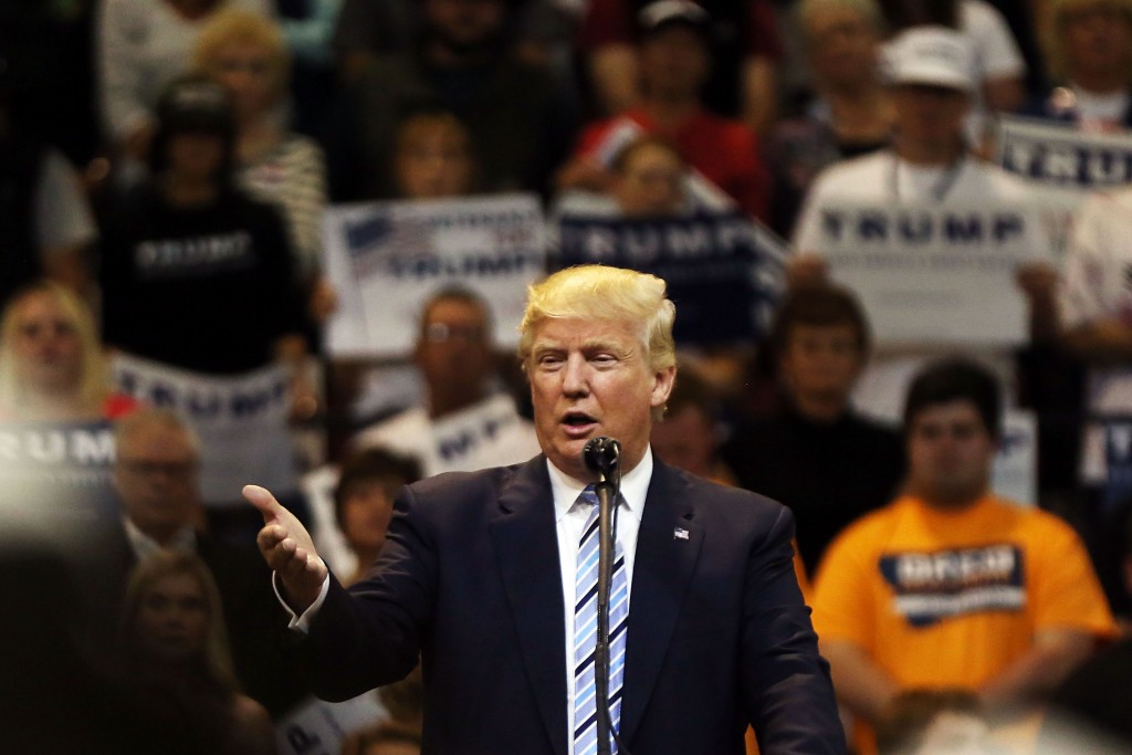 BILLINGS, MT - MAY 26: Republican presidential candidate Donald Trump speaks at a rally on May 26, 2016 in Billings, Montana. According to a delegate count released Thursday, Trump has reached the number of delegates needed to win the GOP presidential nomination. Spencer Platt/Getty Images/AFP