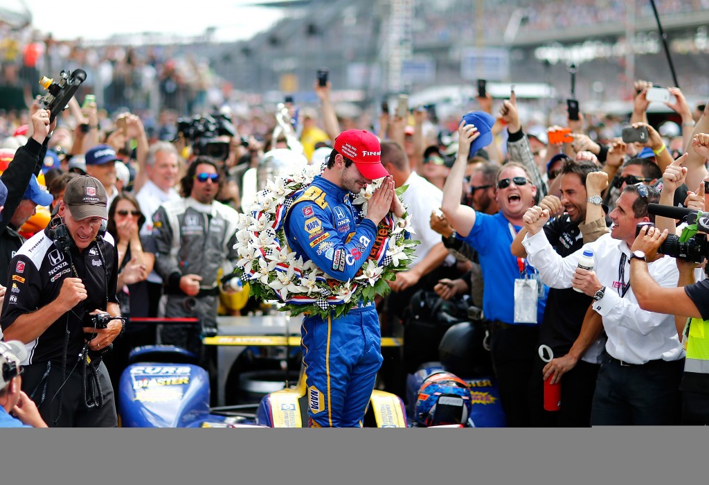 INDIANAPOLIS, IN - MAY 29: Alexander Rossi, driver of the #98 Andretti Herta Autosport Napa Dallara Honda celebrates in victory circle after winning the 100th Running of the Indianapolis 500 Mile Race at Indianapolis Motorspeedway on May 29, 2016 in Indianapolis, Indiana.   Jonathan Ferrey/Getty Images/AFP