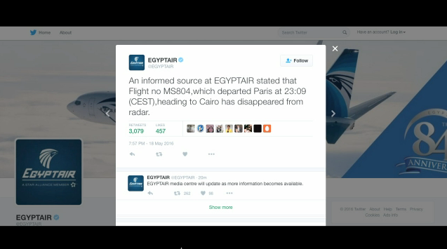 An EgyptAir flight from Paris to Cairo disappears from radar, the airline says on its verified Twitter feed. IMAGES of tweet (Photo captured from AFP video)