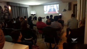 Guests in Geneva, Switzerland watching the evangelical mission officiated by Iglesia Ni Cristo Executive Minister Brother Eduardo V. Manalo broadcast live from the Philippines on May 22. 