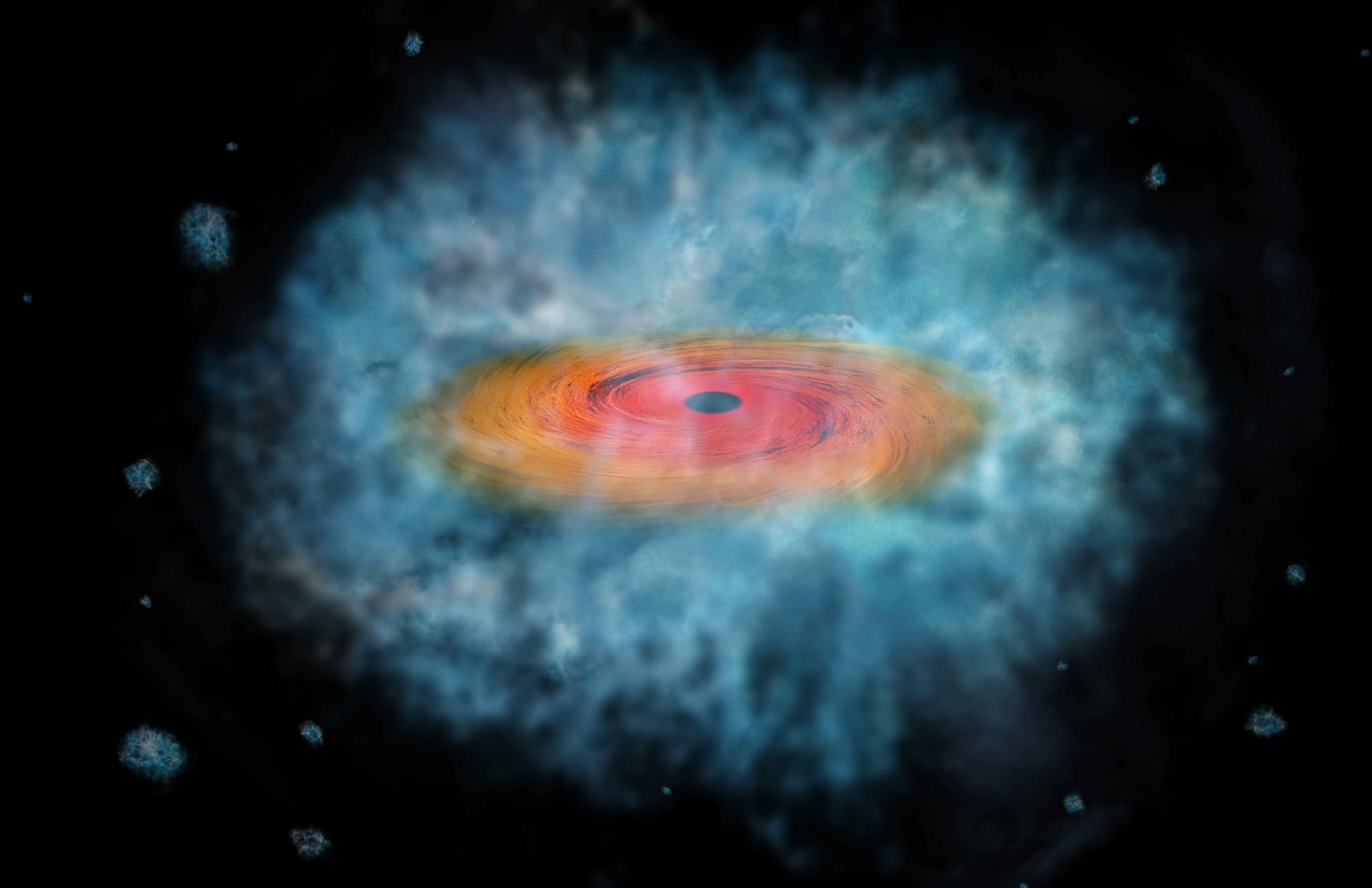 An handout picture released on May 25, 2016 by the European Space Agency (ESA) shows an artist impression of a possible seed for the formation of a supermassive black hole.  Two of these possible seeds were discovered by an Italian team, using three space telescopes: the NASA Chandra X-ray Observatory, the NASA/ESA Hubble Space Telescope, and the NASA Spitzer Space Telescope. / AFP PHOTO / ESA / - / RESTRICTED TO EDITORIAL USE - MANDATORY CREDIT "AFP PHOTO /ESA/HUBBLE" - NO MARKETING NO ADVERTISING CAMPAIGNS - DISTRIBUTED AS A SERVICE TO CLIENTS