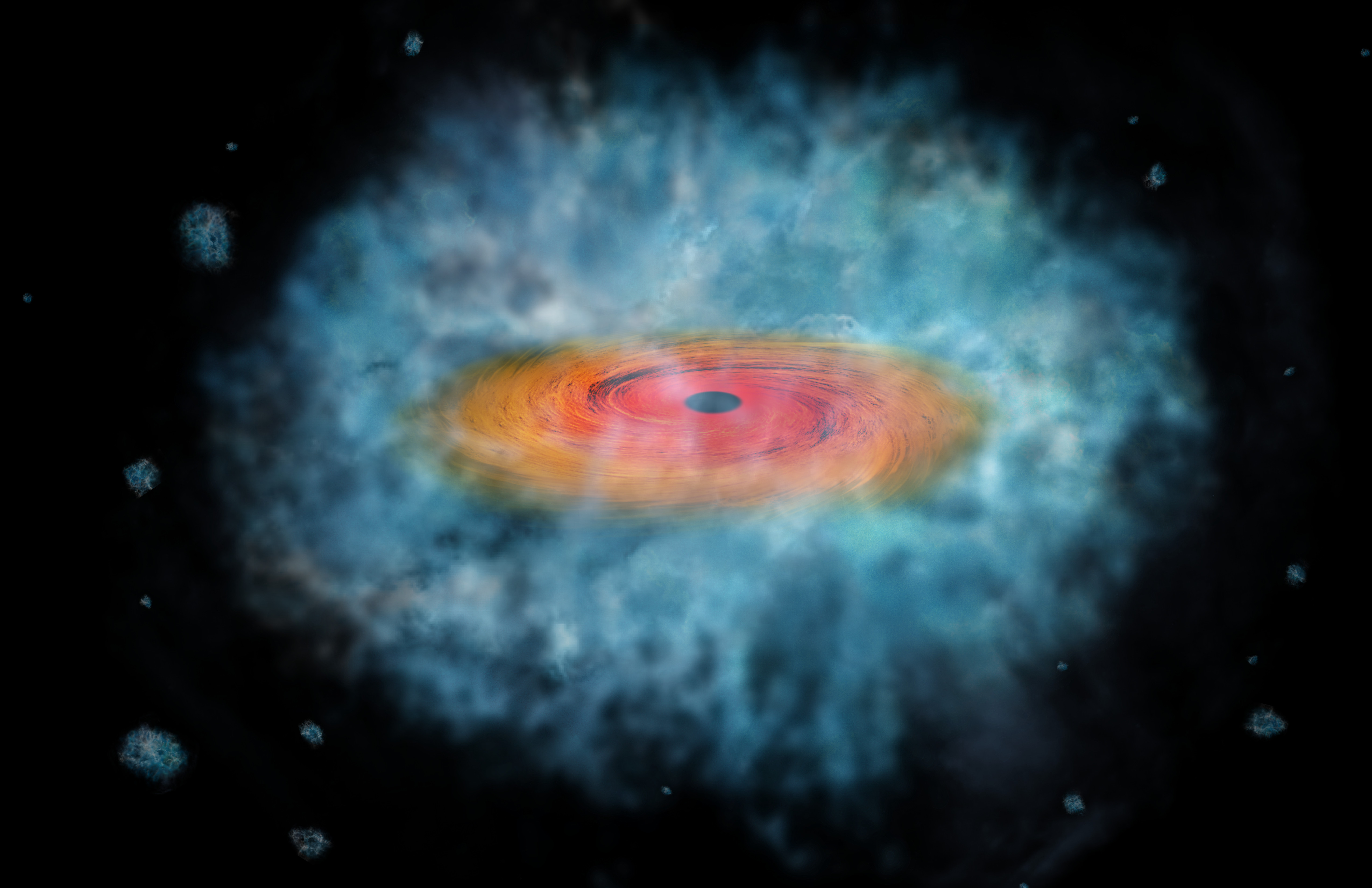 An handout picture released on May 25, 2016 by the European Space Agency (ESA) shows an artist impression of a possible seed for the formation of a supermassive black hole. Two of these possible seeds were discovered by an Italian team, using three space telescopes: the NASA Chandra X-ray Observatory, the NASA/ESA Hubble Space Telescope, and the NASA Spitzer Space Telescope. / AFP PHOTO / ESA / - / RESTRICTED TO EDITORIAL USE - MANDATORY CREDIT "AFP PHOTO /ESA/HUBBLE" - NO MARKETING NO ADVERTISING CAMPAIGNS - DISTRIBUTED AS A SERVICE TO CLIENTS