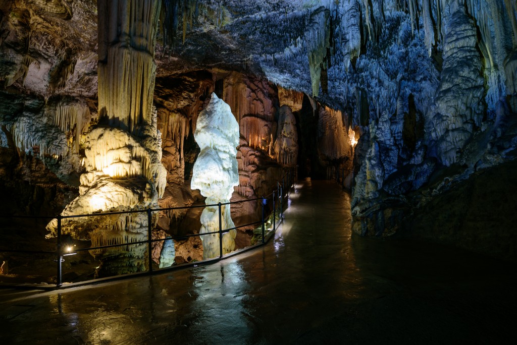 TO GO WITH AFP STORY BY BOJAN KAVCIC  A picture taken on April 25, 2016 shows Postojna Cave, in Postojna. The strange, slithery creatures inside Slovenia's Postojna cave were once considered living proof that dragons existed, prompting locals to give it a wide berth. Now large crowds from all over the world queue up to witness the extremely rare hatching of the mysterious olms, ancient underwater predators, which can live up to 100 years and only breed once in a decade, in one of the aquariums. Found primarily in Balkan cave rivers, the protected eel-like species has been living in the world-famous Postojna cave, 50 kilometres (30 miles) southwest of the capital Ljubljana, for what researchers say is millions of years.  / AFP PHOTO / Jure Makovec/AFP