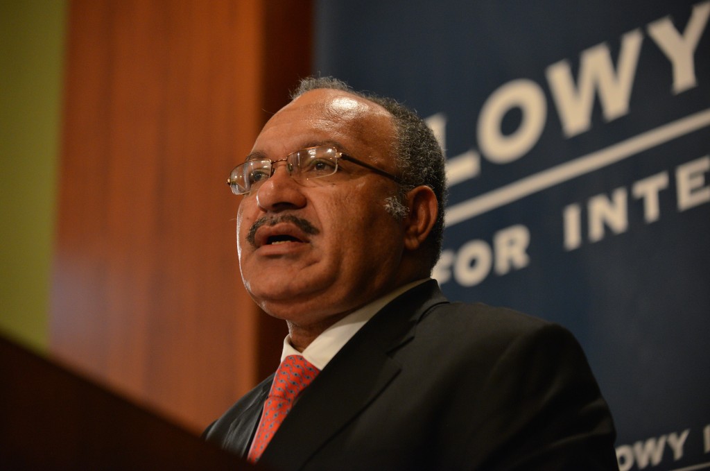 Papua New Guinea Prime Minister Peter O'Neill gives a talk at the Lowy Institute in Sydney on May 14, 2015.  O'Neill on May 14 said he was "shocked" at an Australian plan to set up a diplomatic post in Bougainville, a troubled autonomous region expected to hold a referendum on independence.      AFP PHOTO / Peter PARKS / AFP PHOTO / PETER PARKS