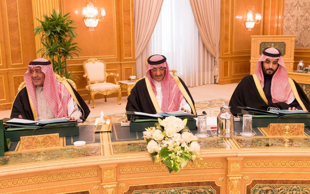 A handout picture released by the Saudi Press Agency (SPA) on February 2, 2015 shows Saudi Deputy Prime Minister Crown Prince Muqrin bin Abdul Aziz (L), Interior Minister and deputy Crown Prince Mohammed bin Nayef (C) and Defence Minister Mohammed bin Salman bin Abdul Aziz taking part in the cabinet meeting in the capital, Riyadh. King Salman on January 29, 2015 further cemented his hold on power, with a sweeping shakeup that saw two sons of the late King Abdullah fired, and the heads of intelligence and other key agencies replaced alongside a cabinet shuffle.   AFP PHOTO/HO/SPA === RESTRICTED TO EDITORIAL USE - MANDATORY CREDIT "AFP PHOTO / HO / SPA" - NO MARKETING NO ADVERTISING CAMPAIGNS - DISTRIBUTED AS A SERVICE TO CLIENTS ==== / AFP PHOTO / SPA / -