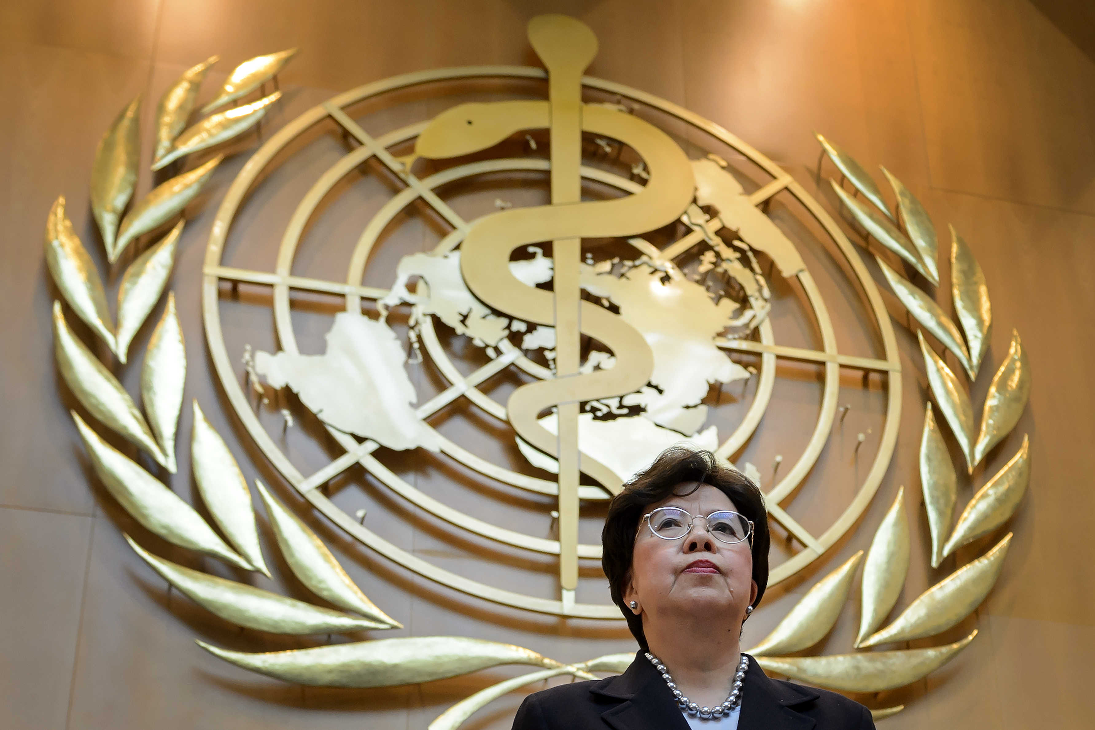 World Health Organization (WHO) Director-General Margaret Chan stands under the logo of the specialized agency of the United Nations after she addressed the WHO general assembly on May 18, 2015 in Geneva.  AFP PHOTO / FABRICE COFFRINI / AFP PHOTO / FABRICE COFFRINI
