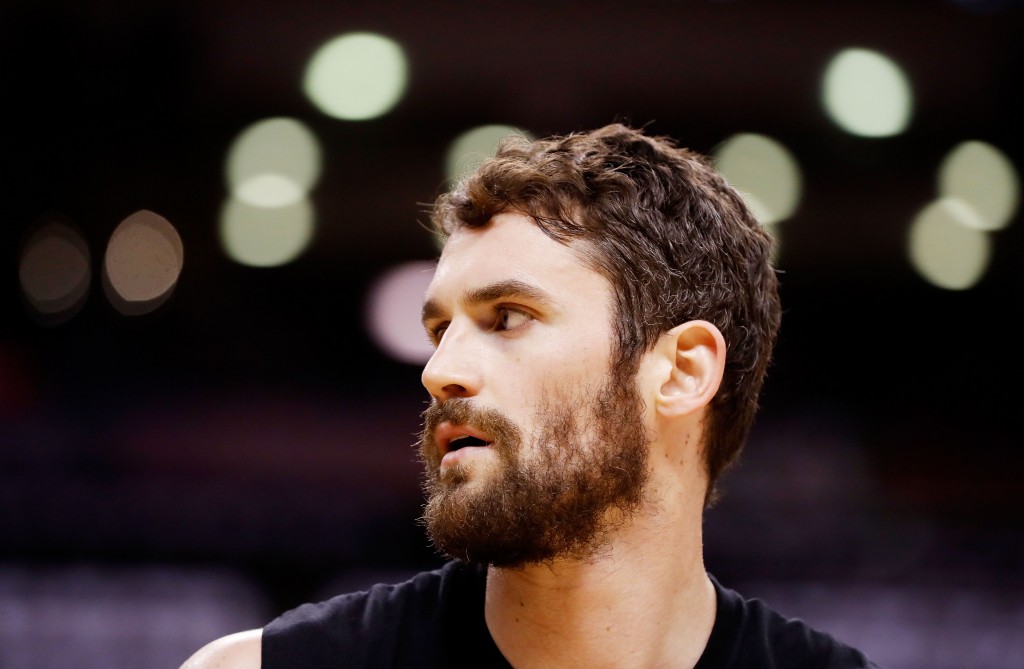 TORONTO, ON - MAY 27: Kevin Love #0 of the Cleveland Cavaliers warms up prior to game six of the Eastern Conference Finals against the Toronto Raptors during the 2016 NBA Playoffs at Air Canada Centre on May 27, 2016 in Toronto, Canada. NOTE TO USER: User expressly acknowledges and agrees that, by downloading and or using this photograph, User is consenting to the terms and conditions of the Getty Images License Agreement. Mark Blinch/Getty Images/AFP