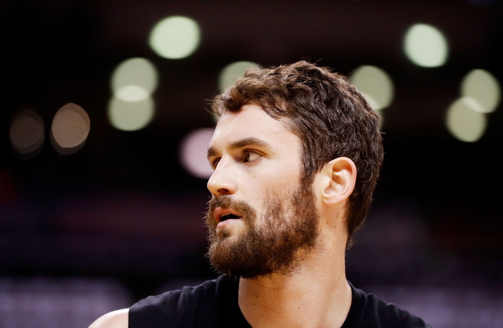 TORONTO, ON - MAY 27: Kevin Love #0 of the Cleveland Cavaliers warms up prior to game six of the Eastern Conference Finals against the Toronto Raptors during the 2016 NBA Playoffs at Air Canada Centre on May 27, 2016 in Toronto, Canada. NOTE TO USER: User expressly acknowledges and agrees that, by downloading and or using this photograph, User is consenting to the terms and conditions of the Getty Images License Agreement.   Mark Blinch/Getty Images/AFP