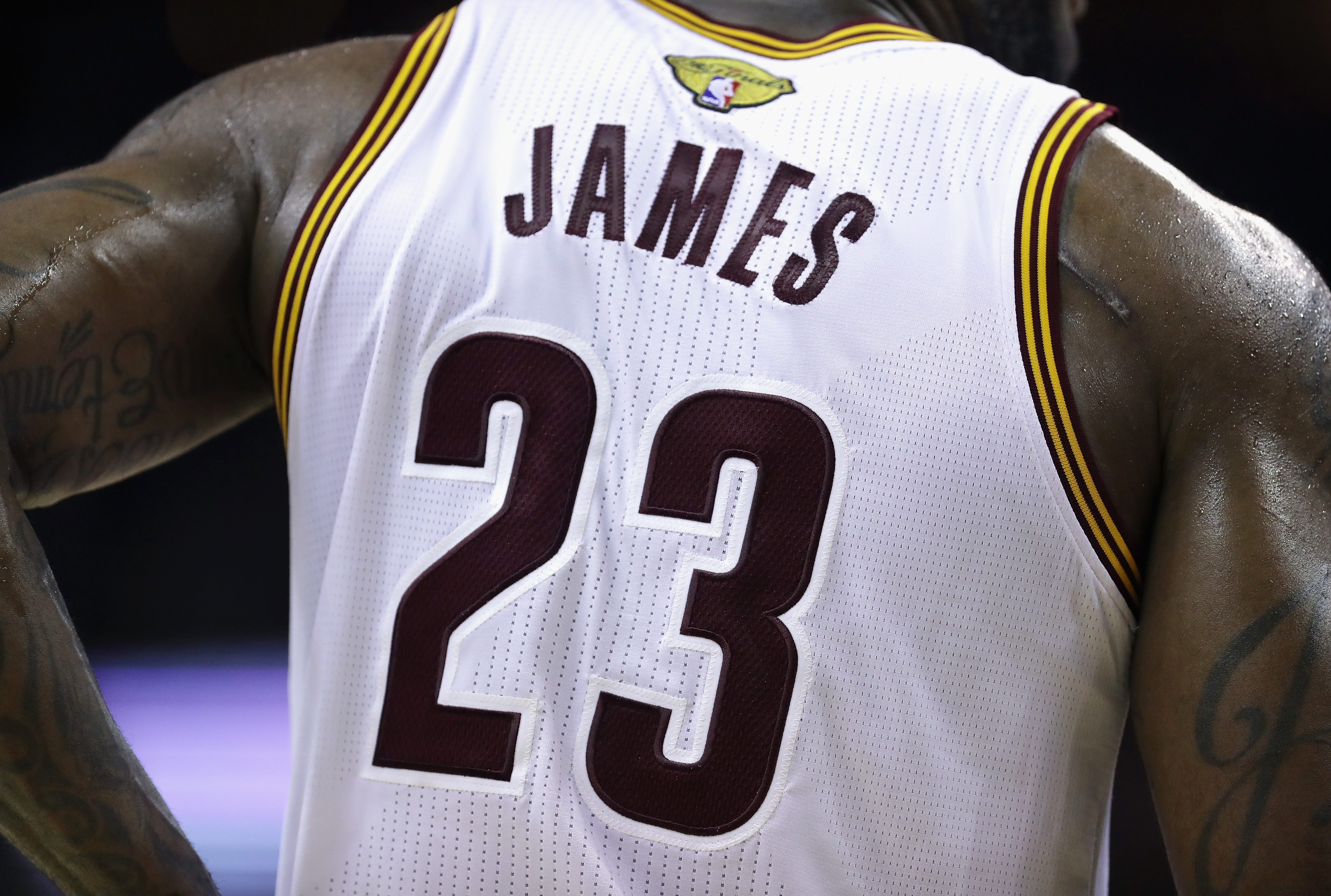 CLEVELAND, OH - JUNE 08: A detail shot of the jersey of LeBron James #23 of the Cleveland Cavaliers during the second half against the Golden State Warriors in Game 3 of the 2016 NBA Finals at Quicken Loans Arena on June 8, 2016 in Cleveland, Ohio. NOTE TO USER: User expressly acknowledges and agrees that, by downloading and or using this photograph, User is consenting to the terms and conditions of the Getty Images License Agreement.   Ronald Martinez/Getty Images/AFP