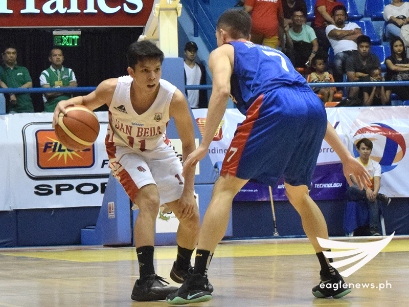 SAN JUAN, Philippines: San Beda Red Lions guard Roldan Sara dribbles against the defense of Arellano Chiefs forward Zach Nicholls in their Filoil Flying V Hanes Pre-season Premier Cup quarterfinals game on Tuesday. (Photo: Ariane Joy Sabale / Sports On Air, Eagle News Service)