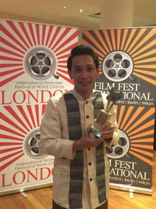 Director Carlo Cuevas, who recently gained international acclaim for his directorial debut in INCinema's "Walang Take Two," is now part of the Eagle Broadcasting Corporation (EBC) family. He is currently directing "Hapi ang Buhay", a spin-off sitcom of the film "Walang Take Two." In this file photo, Cuevas holds the trophy for "best director for a foreign language film" at the International Film Festival of World Cinema in London in February 2016 (Eagle News Service)