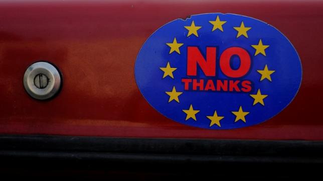 A car sticker with a logo encouraging people to leave the EU is seen on a car, in Llandudno, Wales, February 27, 2016. REUTERS/Phil Noble/Files