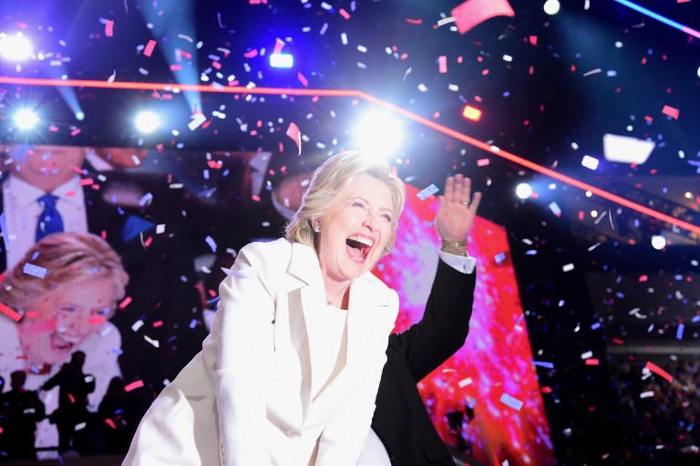 Democratic presidential nominee Hillary Clinton celebrates on stage after she accepted the nomination during the fourth and final night of the Democratic National Convention at the Wells Fargo Center, July 28, 2016 in Philadelphia, Pennsylvania.    / AFP PHOTO / Robyn Beck