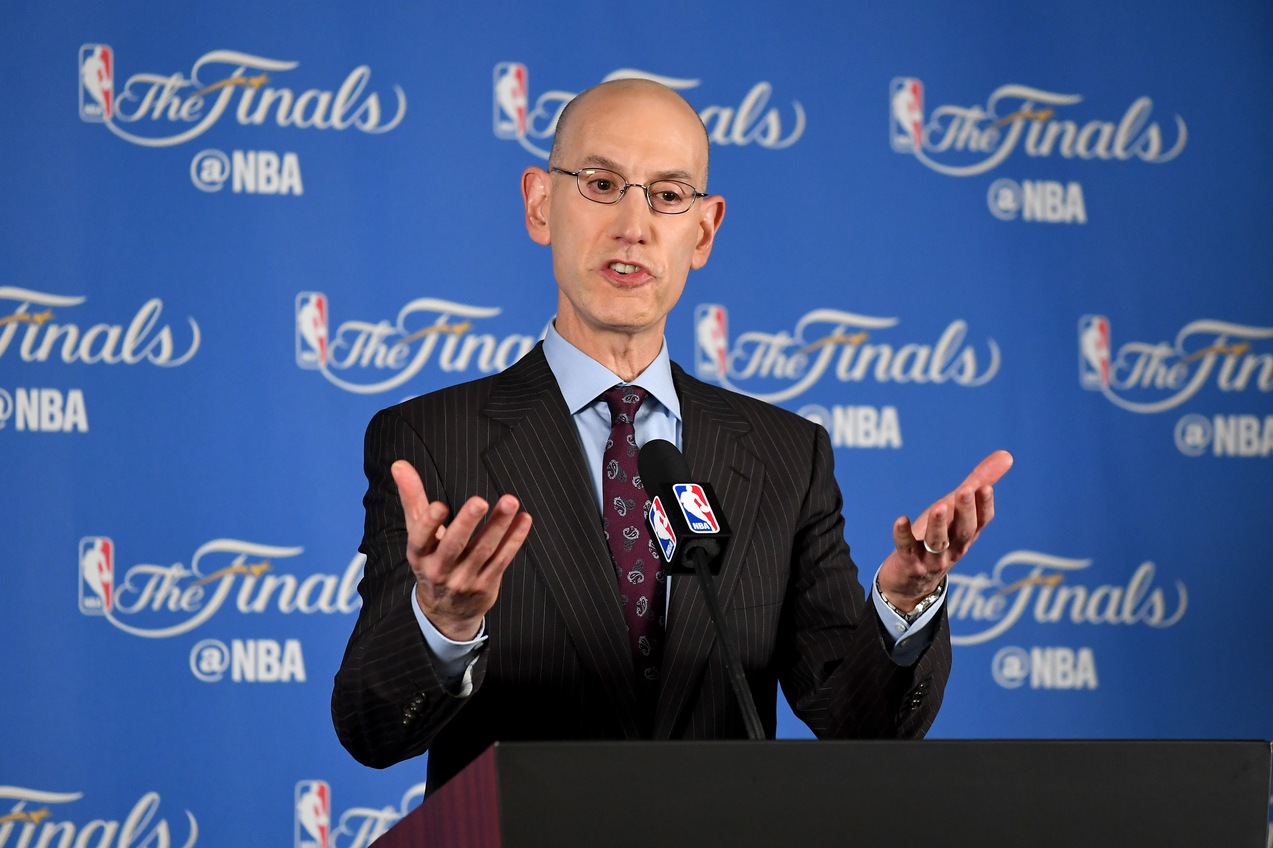 OAKLAND, CA - JUNE 02: NBA Commissioner Adam Silver addresses the media before Game 1 of the 2016 NBA Finals at ORACLE Arena on June 2, 2016 in Oakland, California. The Cleveland Cavaliers take on the Golden State Warriors in the best of seven series. NOTE TO USER: User expressly acknowledges and agrees that, by downloading and or using this photograph, User is consenting to the terms and conditions of the Getty Images License Agreement.   Thearon W. Henderson/Getty Images/AFP