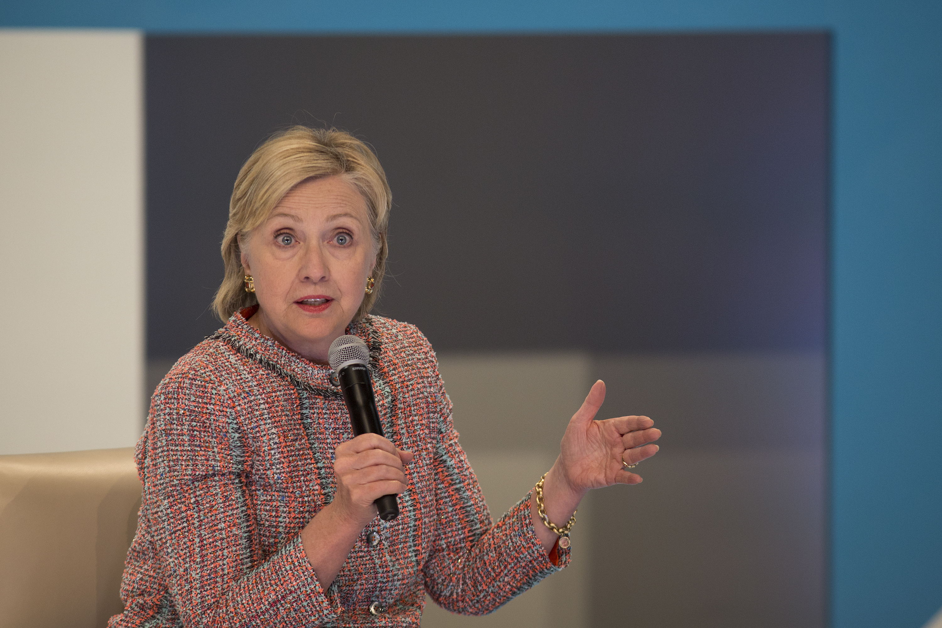 LOS ANGELES, CA - JUNE 28: Democratic presidential candidate Hillary Clinton answers a question from an audience member at a town hall discussion with digital content creators at Neuehouse Hollywood on June 28, 2016 in Los Angeles, California.   David McNew/Getty Images/AFP