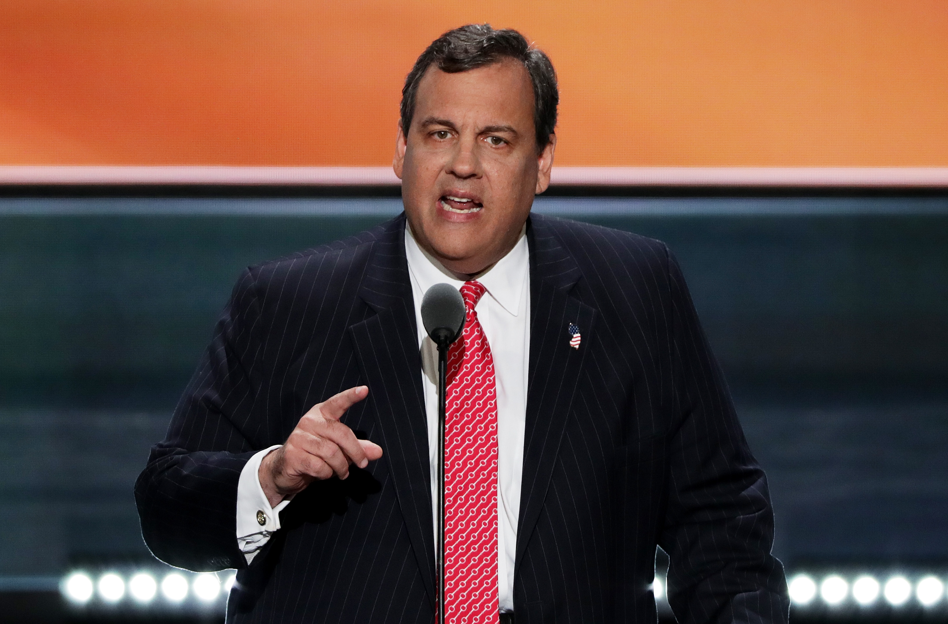 CLEVELAND, OH - JULY 19: New Jersey Gov. Chris Christie delivers a speech on the second day of the Republican National Convention on July 19, 2016 at the Quicken Loans Arena in Cleveland, Ohio. Republican presidential candidate Donald Trump received the number of votes needed to secure the party's nomination. An estimated 50,000 people are expected in Cleveland, including hundreds of protesters and members of the media. The four-day Republican National Convention kicked off on July 18.   Alex Wong/Getty Images/AFP