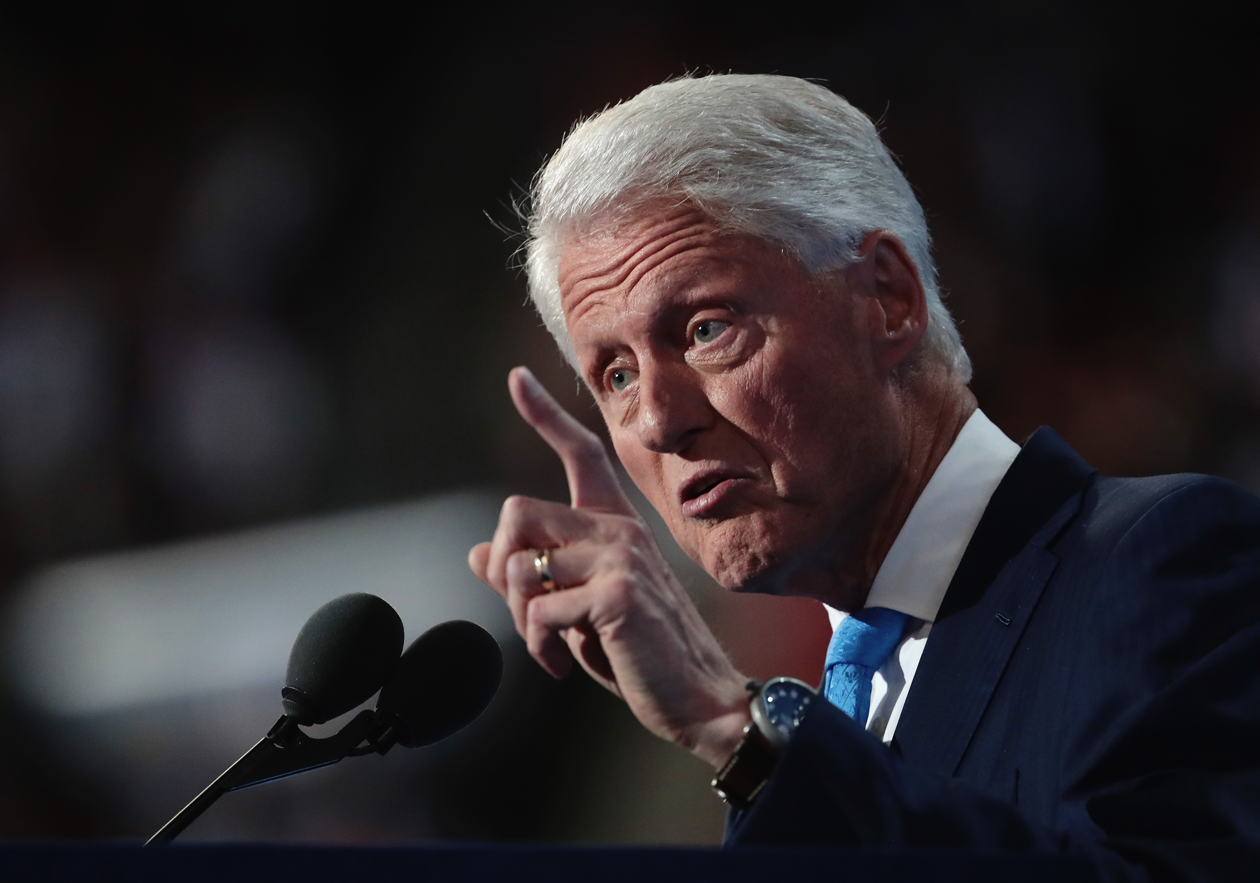 PHILADELPHIA, PA - JULY 26: Former US President Bill Clinton delivers remarks on the second day of the Democratic National Convention at the Wells Fargo Center, July 26, 2016 in Philadelphia, Pennsylvania. Democratic presidential candidate Hillary Clinton received the number of votes needed to secure the party's nomination. An estimated 50,000 people are expected in Philadelphia, including hundreds of protesters and members of the media. The four-day Democratic National Convention kicked off July 25.   Drew Angerer/Getty Images/AFP