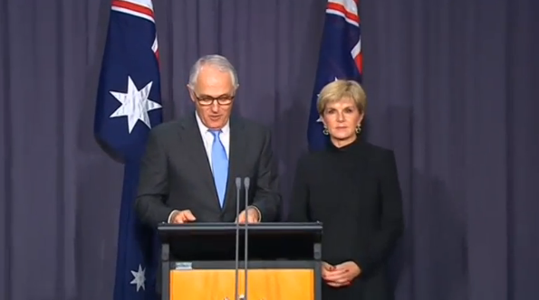 Australian Prime Minister Malcolm Turnbull and Foreign Minister Julie Bishop urge China and the Philippines to follow the arbitration ruling on the South China Sea.(photo grabbed from Reuters video) 