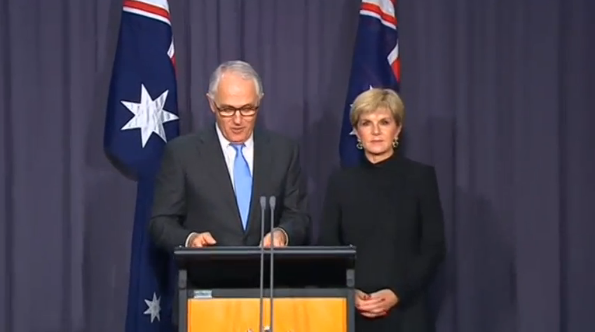 Australian Prime Minister Malcolm Turnbull and Foreign Minister Julie Bishop urge China and the Philippines to follow the arbitration ruling on the South China Sea.(photo grabbed from Reuters video)
