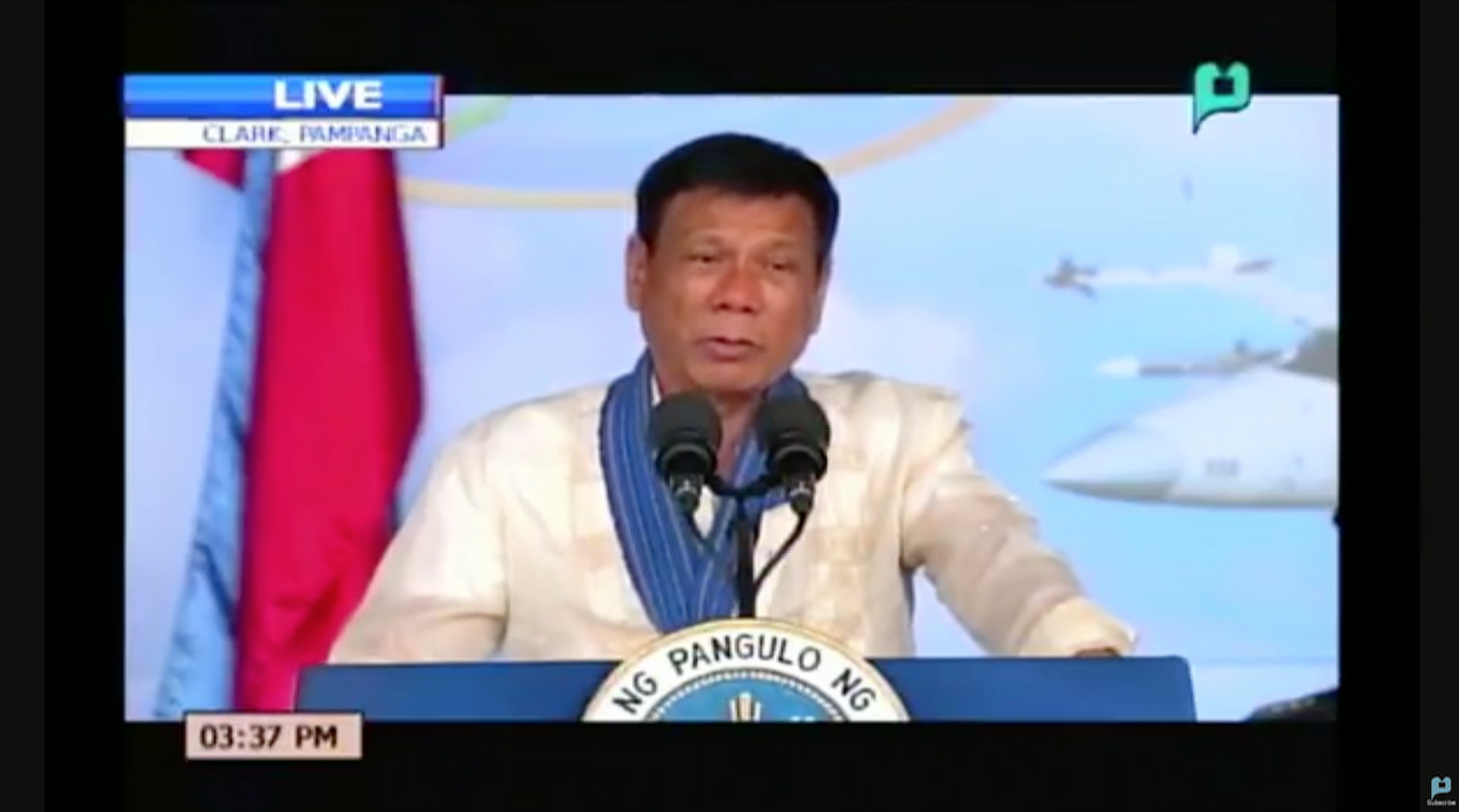 President Rodrigo Duterte names the five generals allegedly involved in illegal drugs during ceremonies marking the 69th anniversary of the Philippine Air Force (PAF) (Screengrab of PTV 4 video)