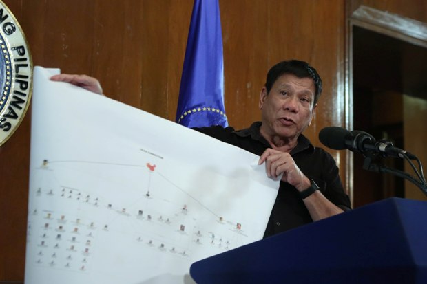 TRIAD CONNECTION. President Rodrigo R. Duterte shows a copy of a diagram showing the connection of high level drug syndicates operating in the country during a press conference at Malacañang on July 7, 2016. KING RODRIGUEZ/Presidential Photographers Division