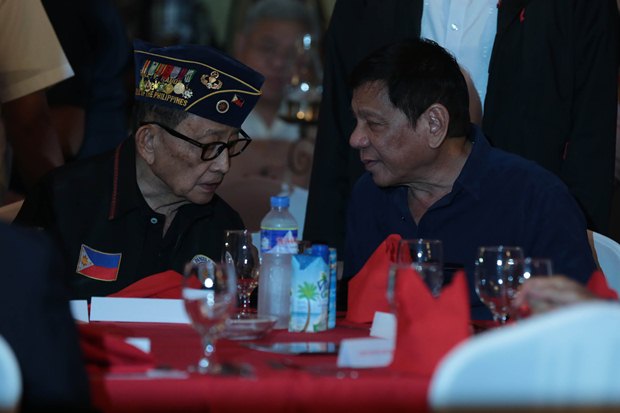 President Rodrigo R. Duterte chats with Former President Fidel V. Ramos during the Testimonial Dinner Reception organized by the San Beda Law Alumni Association at the Kalayaan Hall of Club Filipino, San Juan City on July 14. TOTO LOZANO/PPD