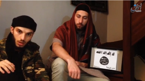 Islamic State's news agency posts a video of two men it says were those who attacked a church in France in which they pledged allegiance to the group's leader.(photo grabbed from Reuters video) 