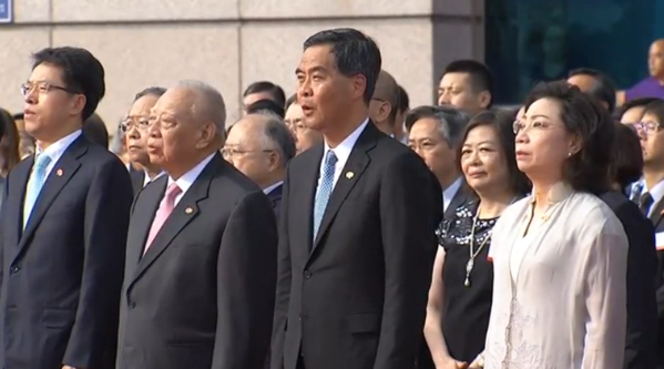 Hong Kong Chief Executive Leung Chun-ying, along with other officials of Hong Kong during its 19th anniversary of its return to China. (Photo grabbed from CCTV video/Courtesy China Central Television)