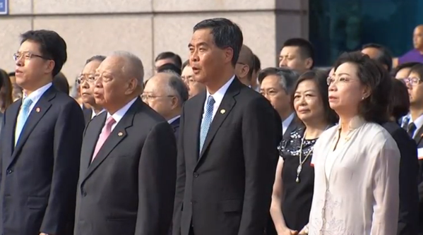Hong Kong Chief Executive Leung Chun-ying, along with other officials of Hong Kong during its 19th anniversary of its return to China.  (Photo grabbed from CCTV video/Courtesy China Central Television)