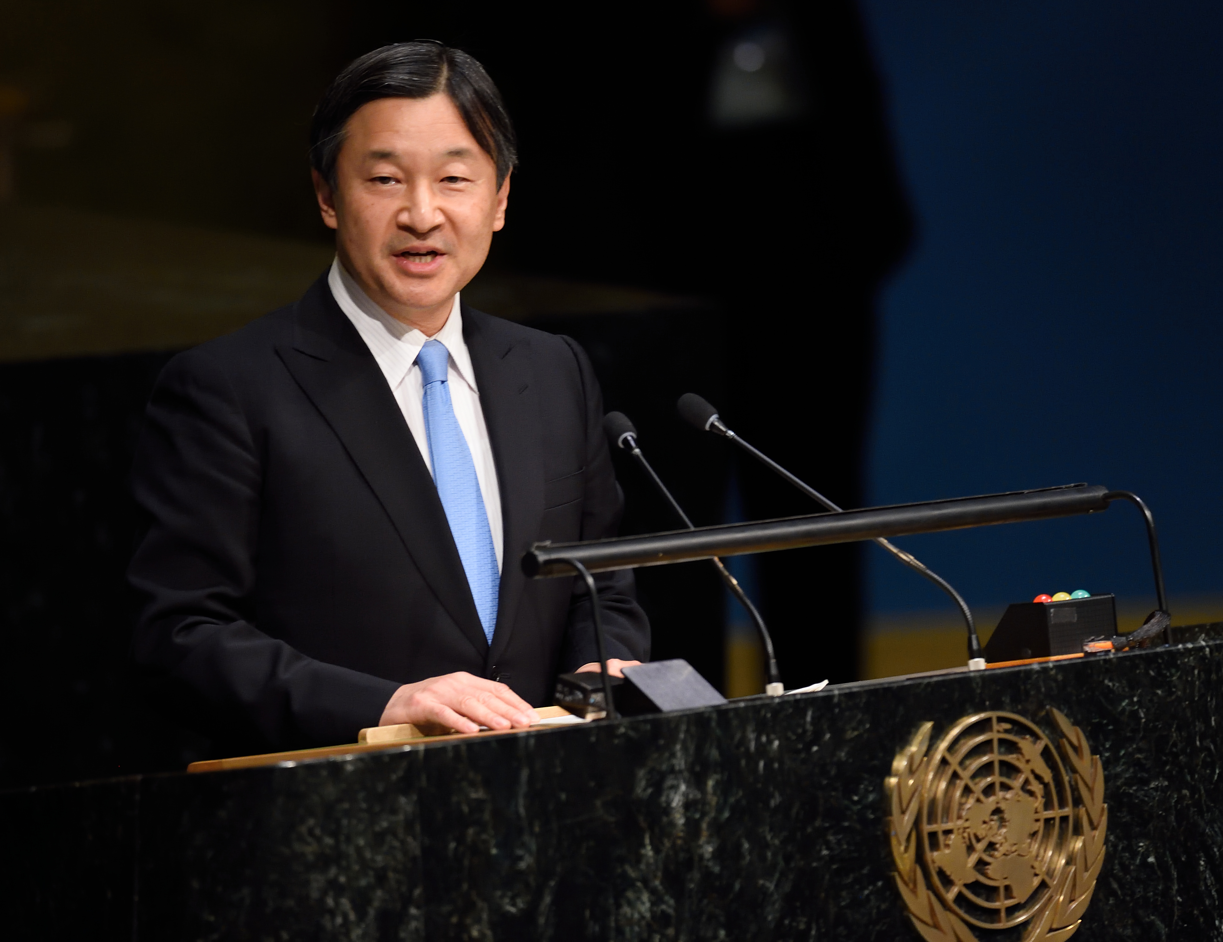 (FILES) This file photo taken on November 18, 2015 shows Japan's Crown Prince Naruhito speaking on the floor of the General Assembly Hall at the Special Thematic Session on Water and Disaster at the United Nations in New York. Japan's Crown Prince Naruhito may be heir to one of the world's oldest monarchies, but he isn't shy about knocking the institution he represents or his country's warring past. / AFP PHOTO / DON EMMERT