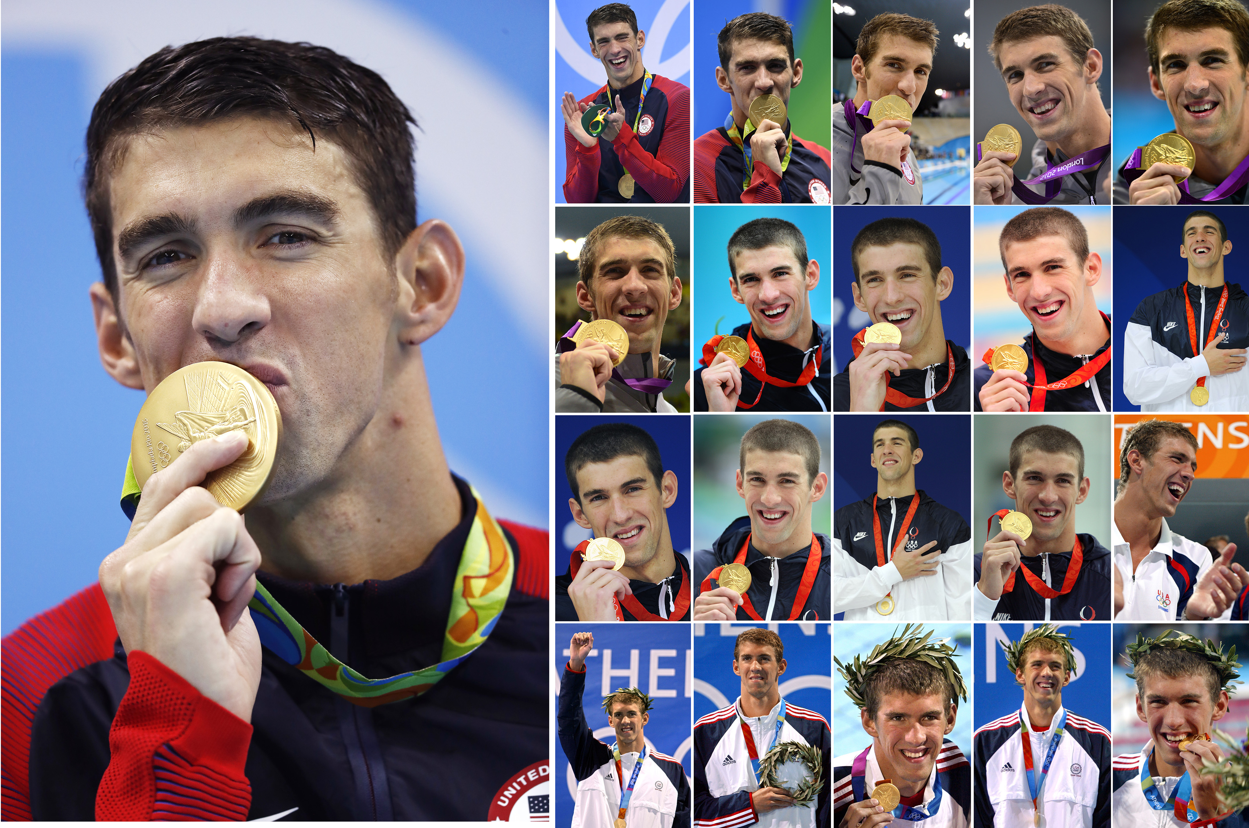 Combination picture made on August 09, 2016 shows US swimmer Michael Phelps with the 21 gold medals he won at the Olympic Games in Athens 2004, Beijing 2008, London 2012 and Rio 2016.  / AFP PHOTO / STF