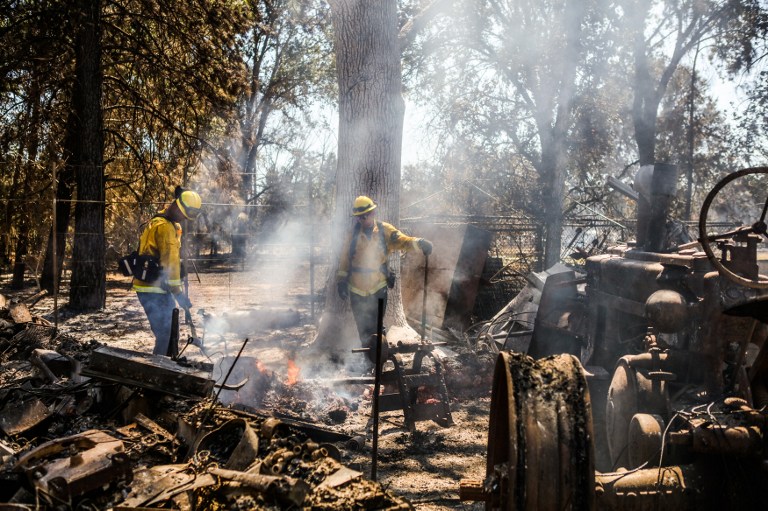Firefighters work to put out embers from the Clayton Fire, off of Bonham Road, in Lower Lake, California, August 15th, 2016. A northern California wildfire grew rapidly over the weekend, destroying homes and forcing 4,000 residents to flee, authorities said. / AFP PHOTO / GABRIELLE LURIE