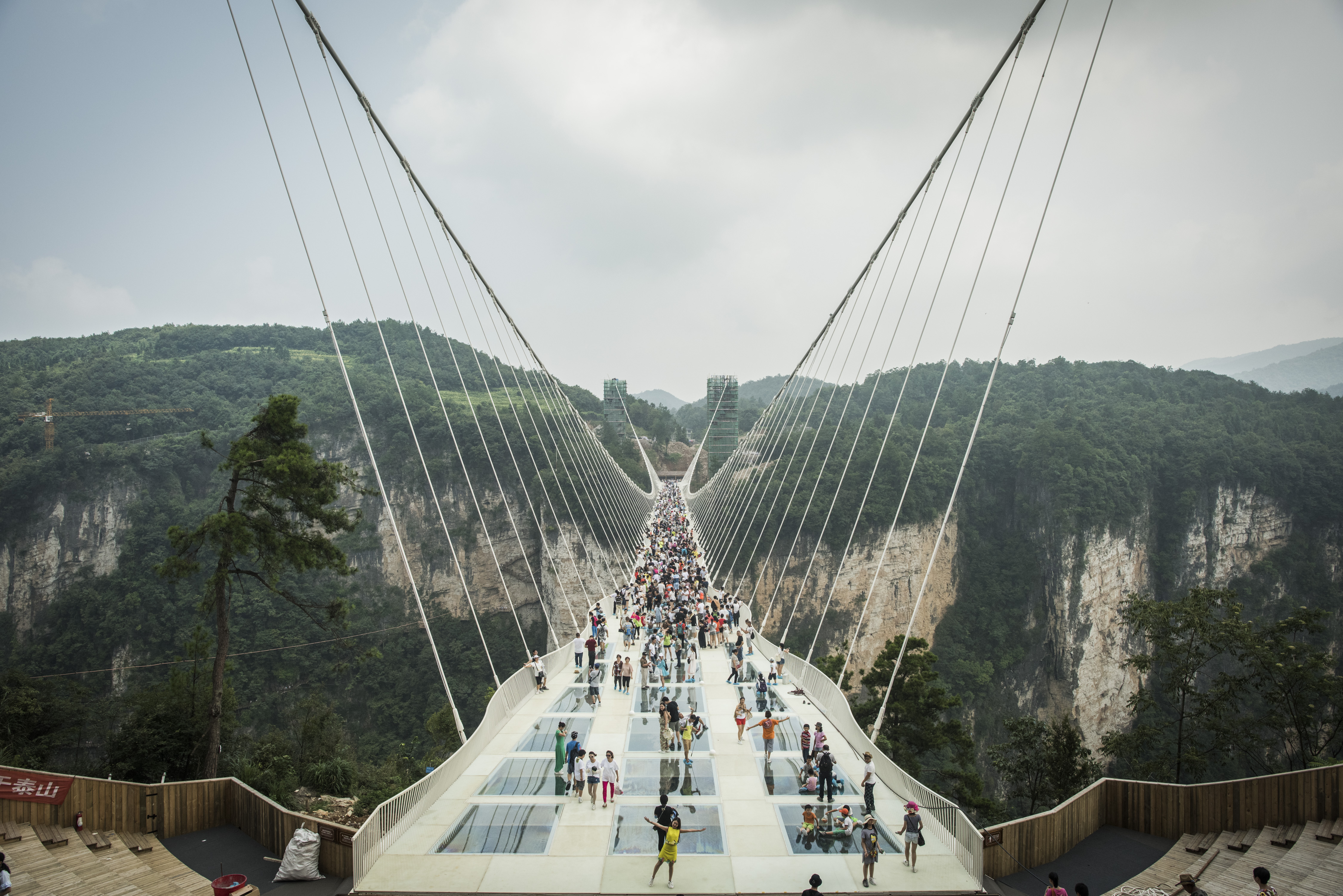 Visitors cross the world's highest and longest glass-bottomed bridge above a valley in Zhangjiajie in China's Hunan Province on August 21, 2016. / AFP PHOTO / FRED DUFOUR