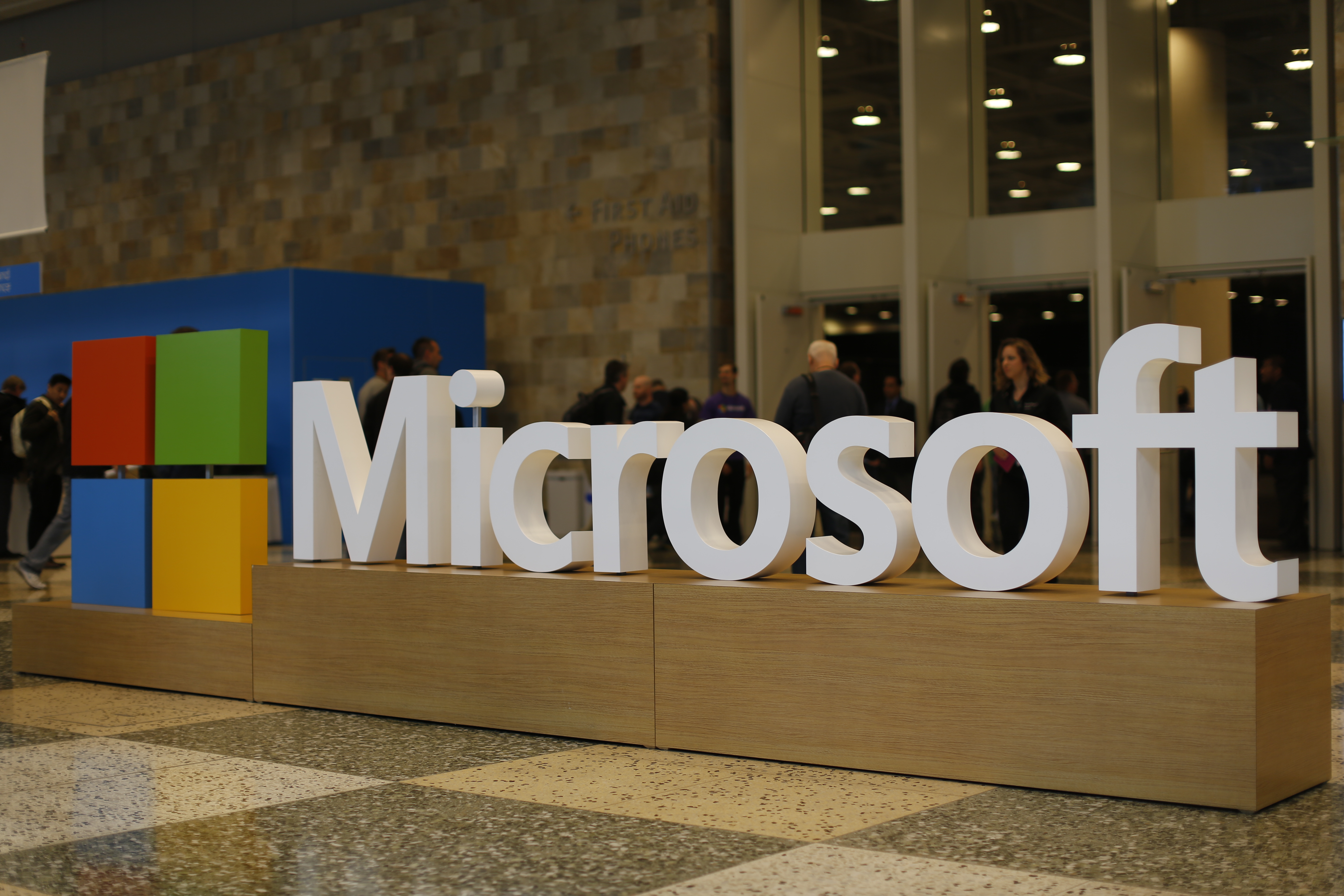 SAN FRANCISCO, CA - APRIL 29: A Microsoft logo is seen during the 2015 Microsoft Build Conference on April 29, 2015 at Moscone Center in San Francisco, California. Thousands are expected to attend the annual developer conference which runs through May 1.   Stephen Lam/Getty Images/AFP