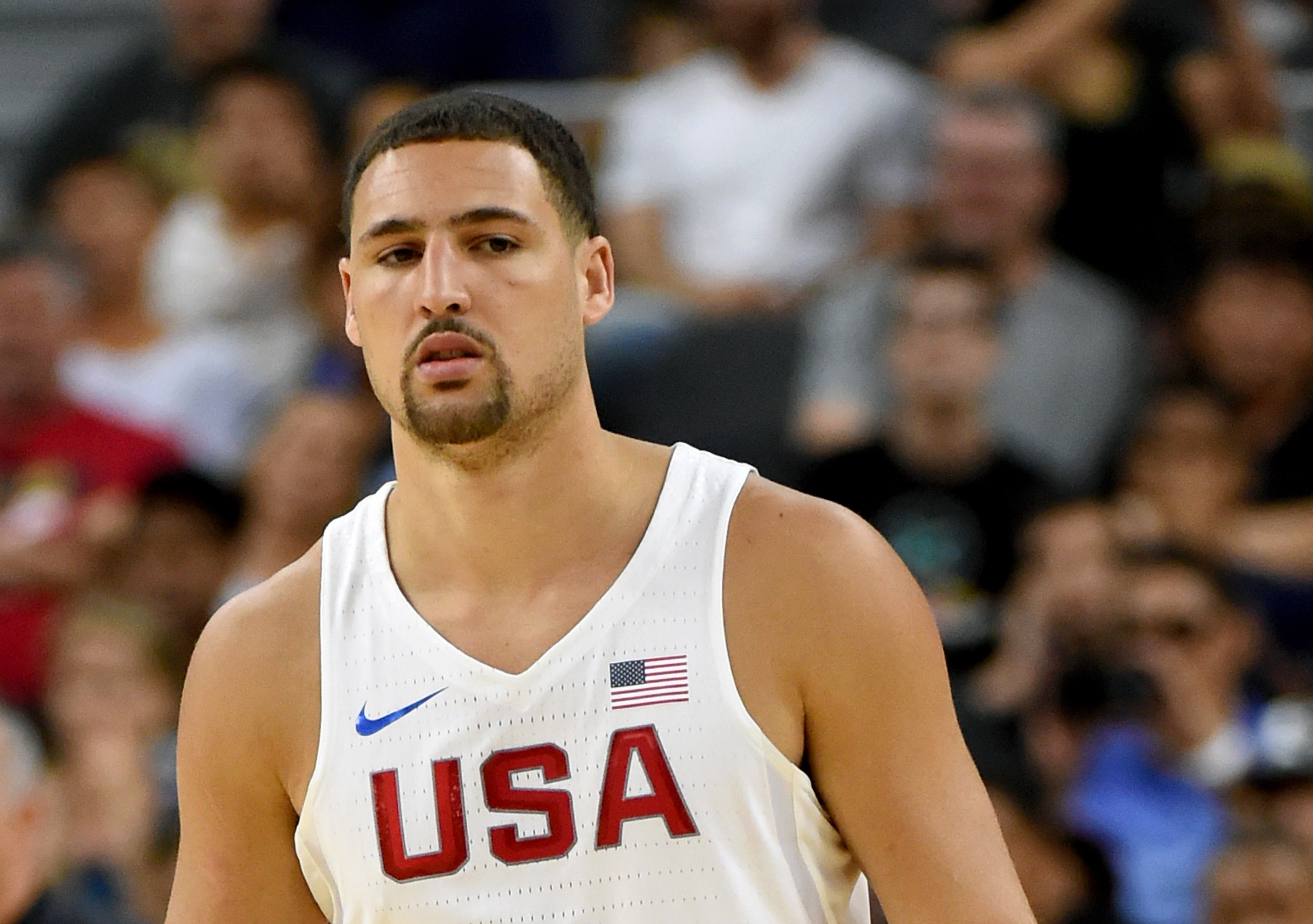 LAS VEGAS, NV - JULY 22: Klay Thompson #11 of the United States stands on the court during a USA Basketball showcase exhibition game against Argentina at T-Mobile Arena on July 22, 2016 in Las Vegas, Nevada. The United States won 111-74.   Ethan Miller/Getty Images/AFP