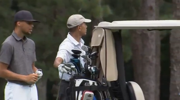 U.S. president Barack Obama hits the golf course with NBA star Steph Curry. (Photo courtesy of Reuters video)
