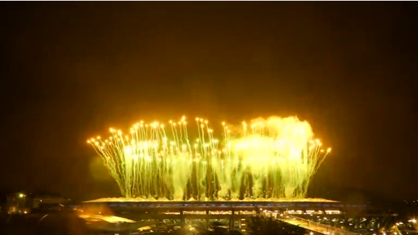 Fireworks brighten up the night sky above the Maracana Stadium as Rio de Janeiro holds the 2016 Olympic Games Closing Ceremony.(photo grabbed from Reuters video) 