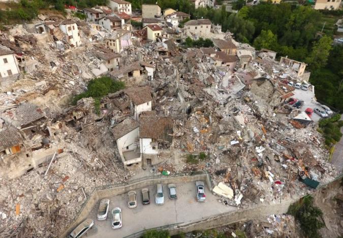 A drone photo shows the damages following an earthquake in Pescara del Tronto, central Italy, August 25, 2016. REUTERS/Stefano De Nicolo