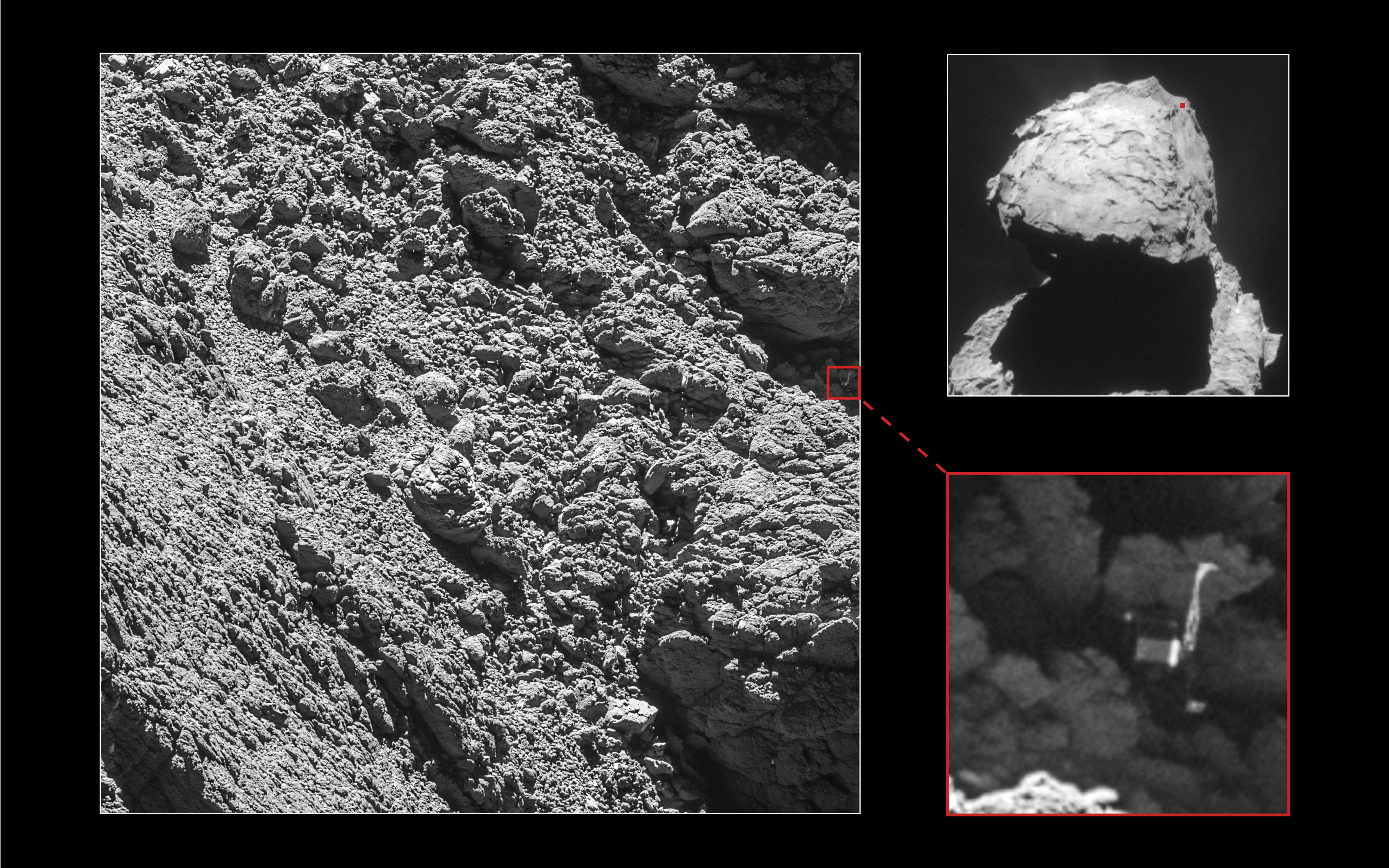 This handout picture obtained from the European Space Agency (ESA) on September 5, 2016 shows images of the landing craft "Philae" viewed for the first time since its crash landing, captured by ORIS narrow-angle camera taken on September 2, 2016 from a distance of 2.7 km. Cameras onboard Europe's comet orbiter Rosetta has spotted the tiny lander Philae for the first time since its crash-landing in November 2014, the European Space Agency said on September 5, 2016. "Less than a month before the end of the mission, Rosetta's high-resolution camera has revealed the Philae lander wedged into a dark crack on comet 67P/Churyumov-Gerasimenko," it said in a statement. / AFP PHOTO / EUROPEAN SPACE AGENCY (ESA) / HO / RESTRICTED TO EDITORIAL USE - MANDATORY CREDIT "AFP PHOTO /European Space Agency (ESA) " - NO MARKETING NO ADVERTISING CAMPAIGNS - DISTRIBUTED AS A SERVICE TO CLIENTS