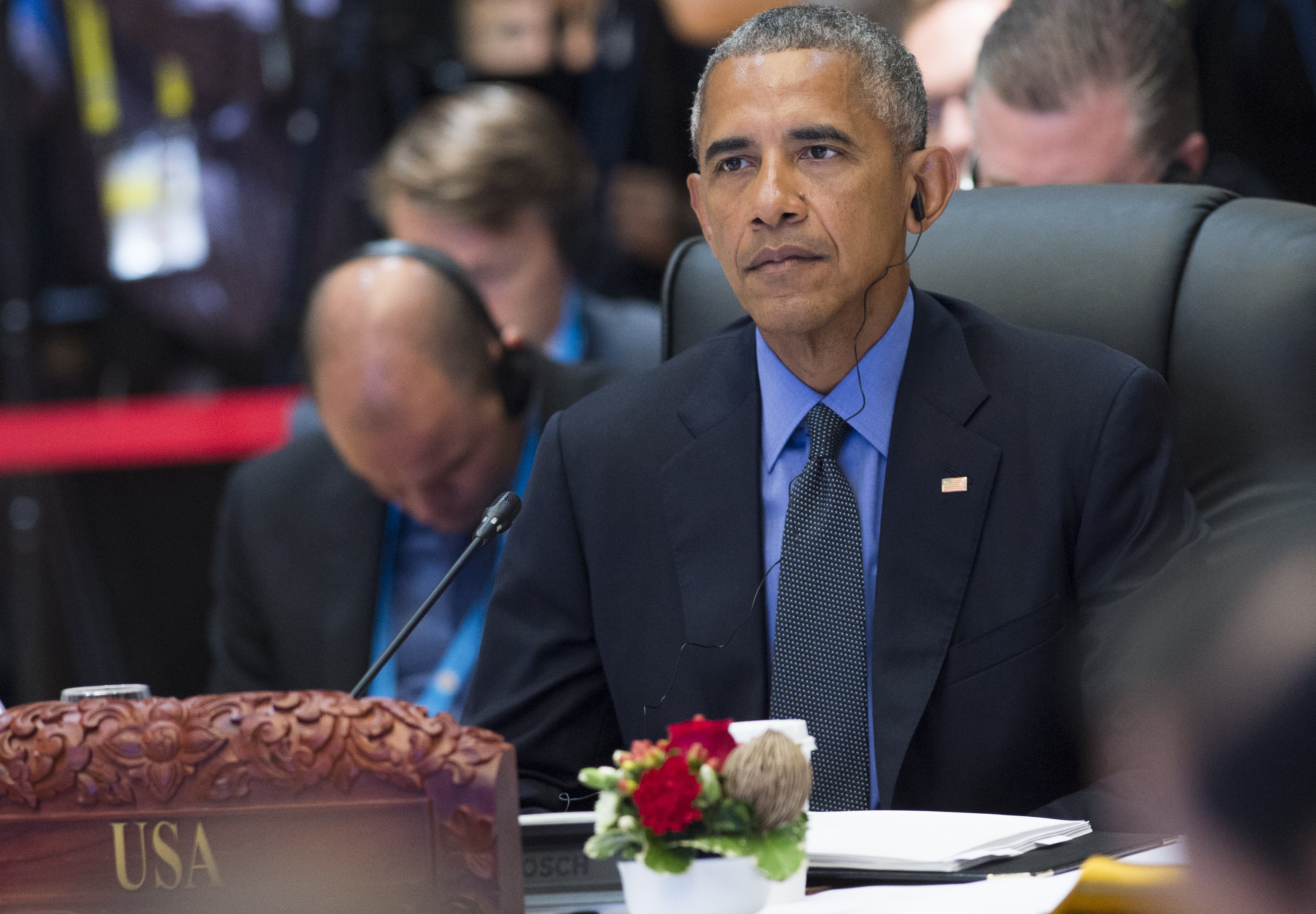 US President Barack Obama attends the 4th ASEAN - US Summit in Vientiane on September 8, 2016. ASEAN leaders gather in Vientiane for the 28th and 29th ASEAN Summits held between September 6 to 8. / AFP PHOTO / SAUL LOEB