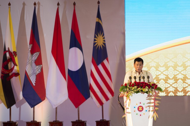 (File photo) Philippine President Rodrigo Duterte speaks during the closing ceremony of the Association of Southeast Asian Nations (ASEAN) and handover of the ASEAN Chairmanship to Philippines in Vientiane on September 8, 2016. ASEAN leaders gather in Vientiane for the 28th and 29th ASEAN Summits held between September 6 to 8. / AFP PHOTO / YE AUNG THU